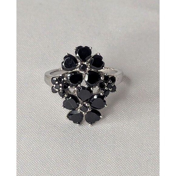 Sterling Jewelry - Black Spinel Cocktail Ring - Sterling Silver, Hearts, Size 12